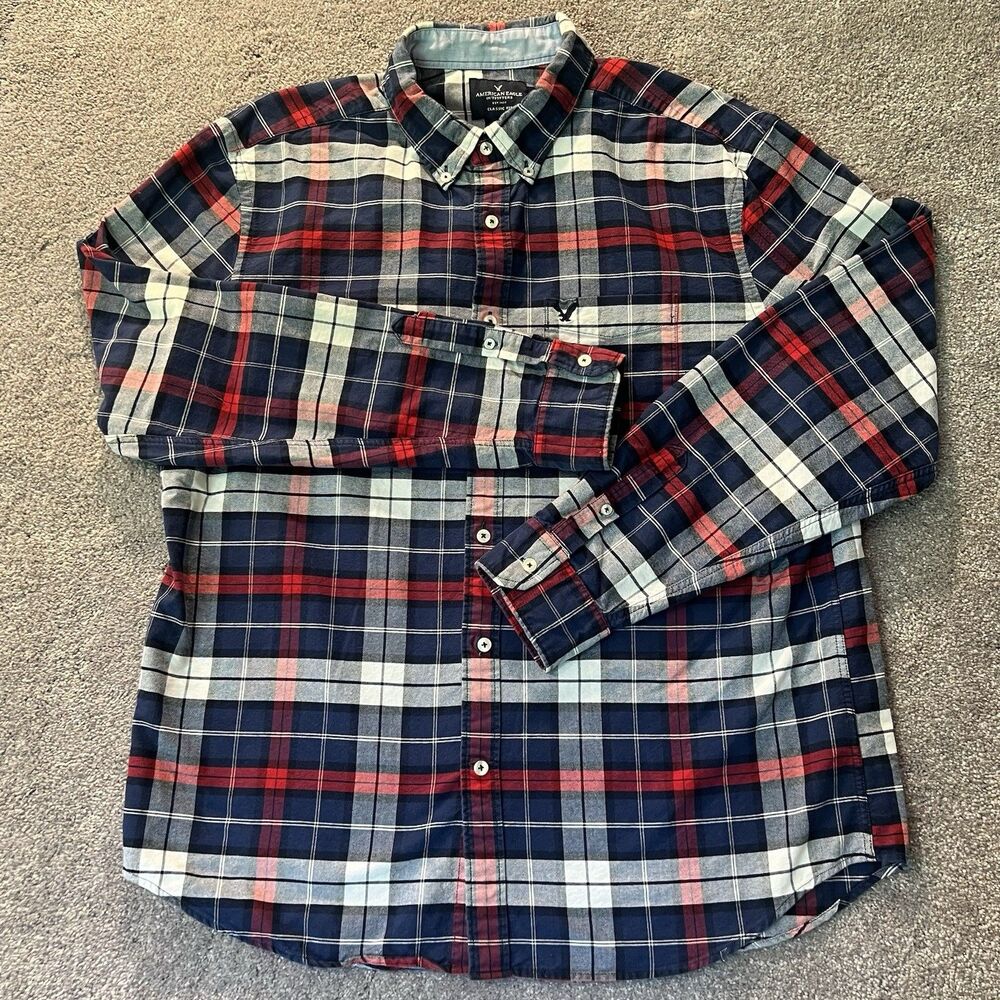 American Eagle Shirt Mens XL Red Blue Plaid Athletic Fit Long Sleeve Button Down